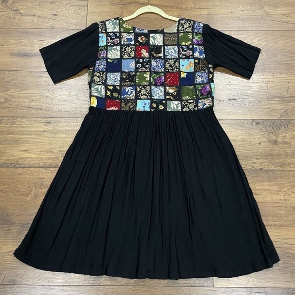 Vintage Patchwork Dress Womens M Multicolor Black Crinkle Textured Button Boho - Picture 7 of 12
